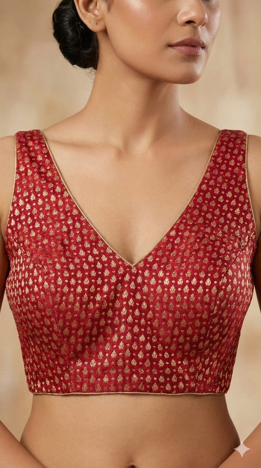 Maroon Brocade V-Neck Blouse