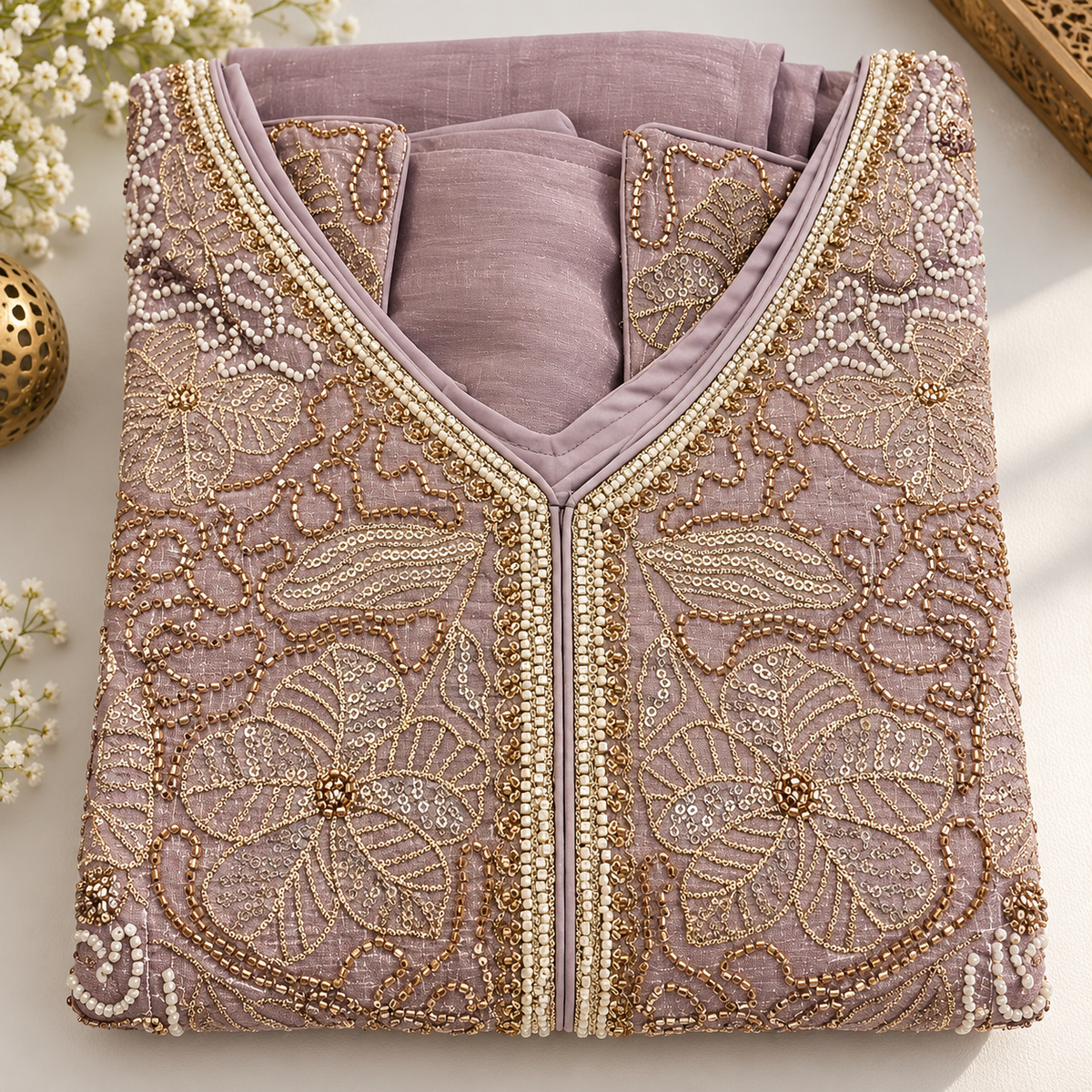 Mauve Embroidered Palazzo Set – Size L | Full Sleeve Optional