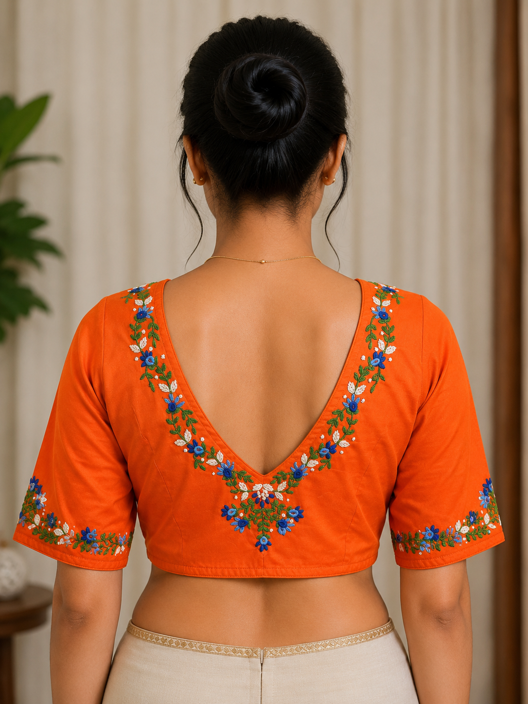Tangerine Orange Embroidered Cotton Blouse