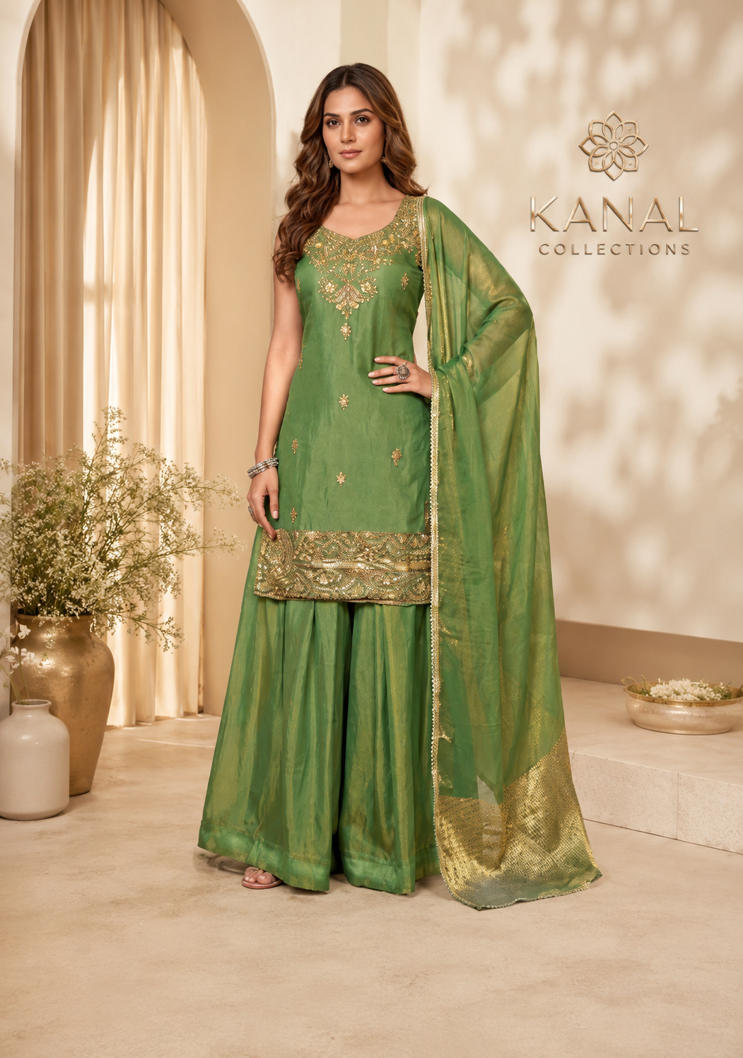 Elegance in Emerald: Embroidered Sharara Suit Set