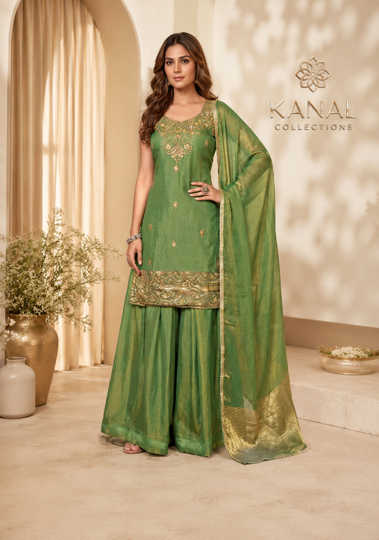 Elegance in Emerald: Embroidered Sharara Suit Set