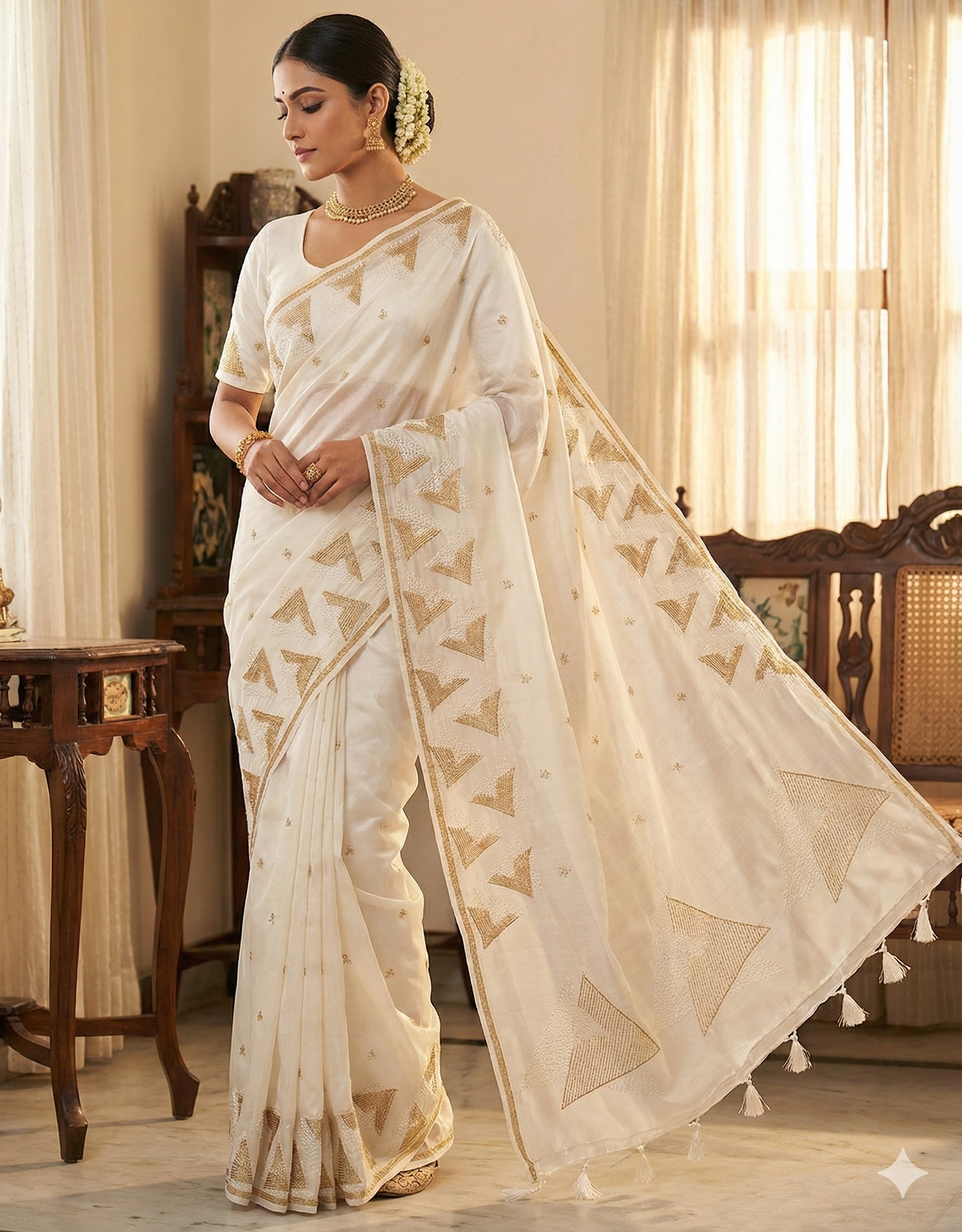 Pristine White Cotton Silk Saree with Geometric Cutwork & Zari Embroidery and Stitched Blouse