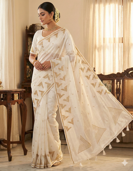 Pristine White Cotton Silk Saree with Geometric Cutwork & Zari Embroidery and Stitched Blouse