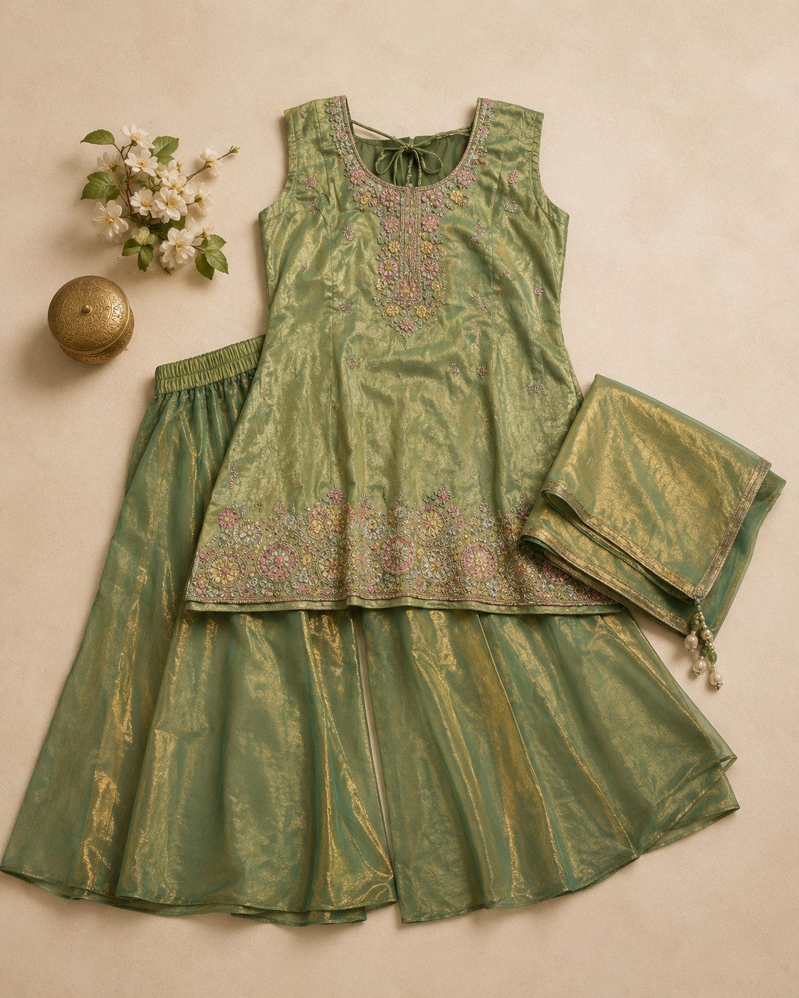 Elegance in Emerald: Embroidered Sharara Suit Set