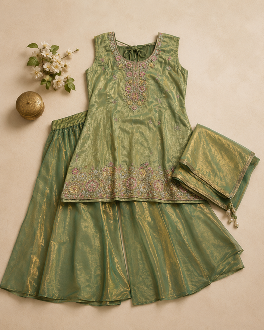 Elegance in Emerald: Embroidered Sharara Suit Set