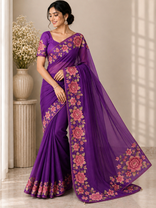 A woman models a purple georgette saree with pink and green floral embroidery on the border and blouse, set against a warm beige background with a decorative vase.