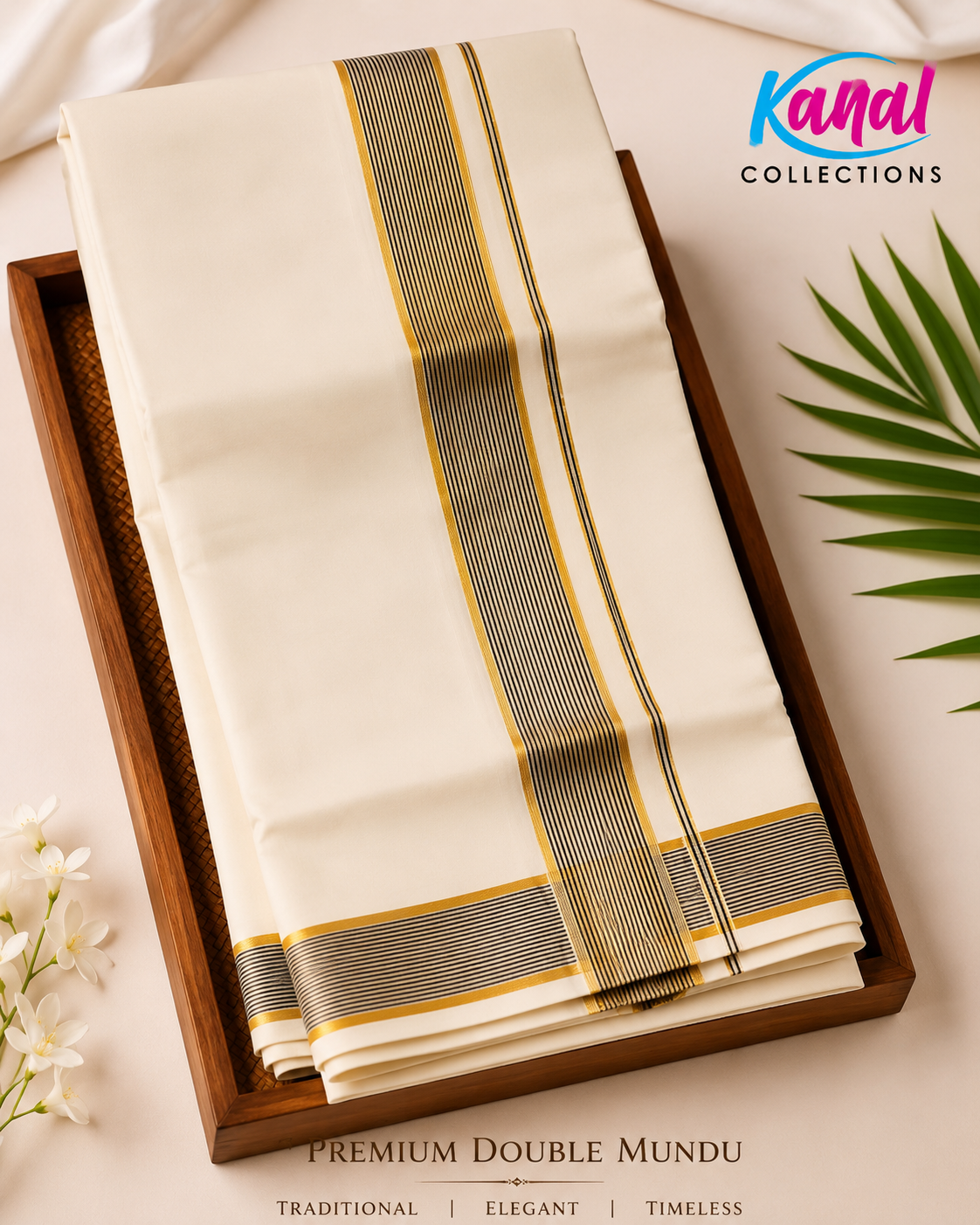 White saree with gold and green stripes in a wooden tray on a light background, featuring 'Kanal Collections' branding.