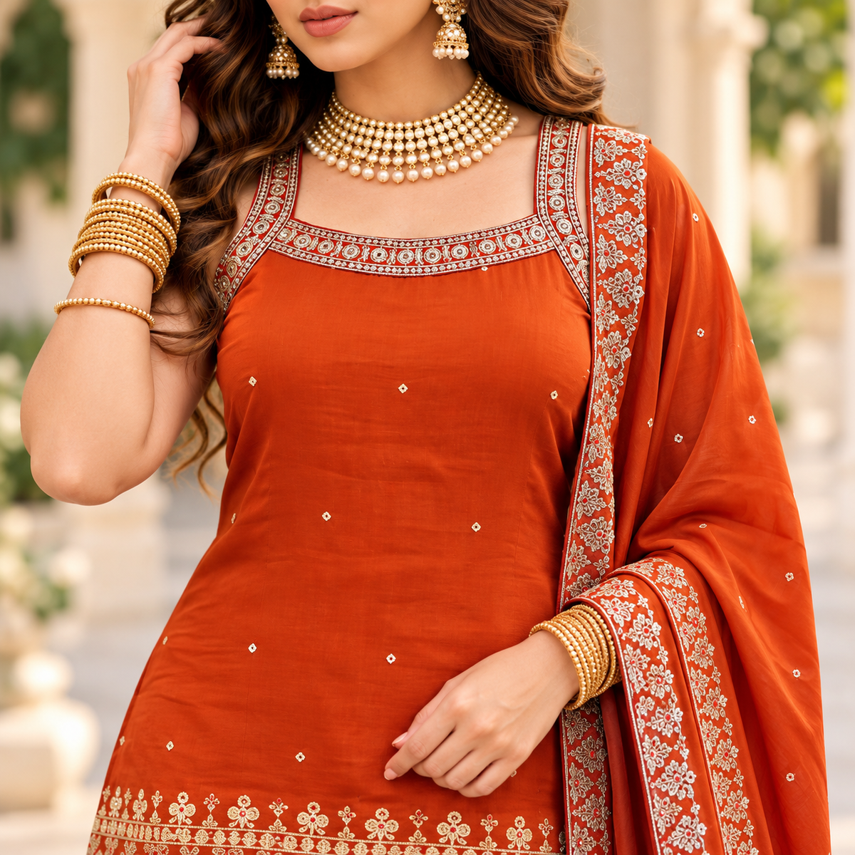 Rust Orange Vichitra Silk Salwar Suit Set – L & XL