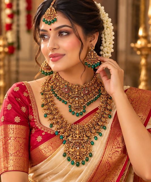 South Indian Temple Bridal Jewellery Set – Antique Gold with Green Beads