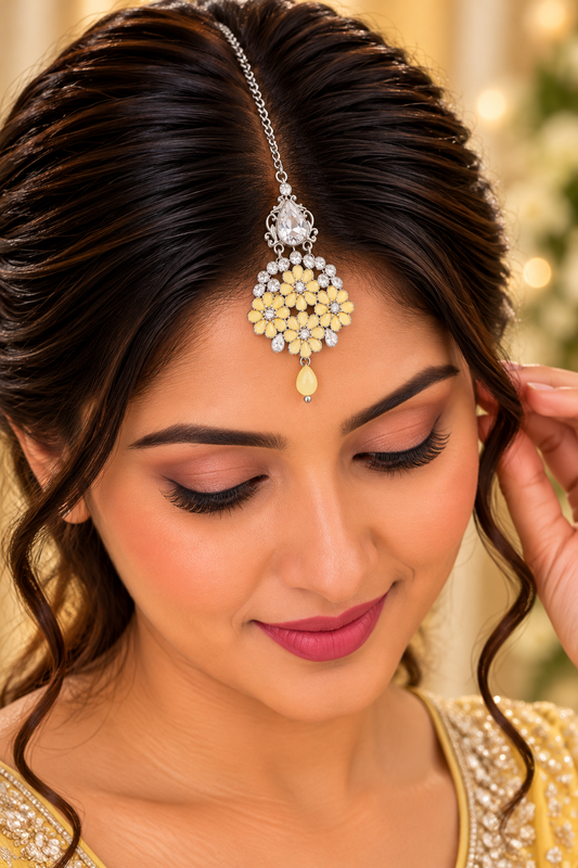 Pastel Yellow and Silver Maang Tikka – Indian Bridal Jewellery