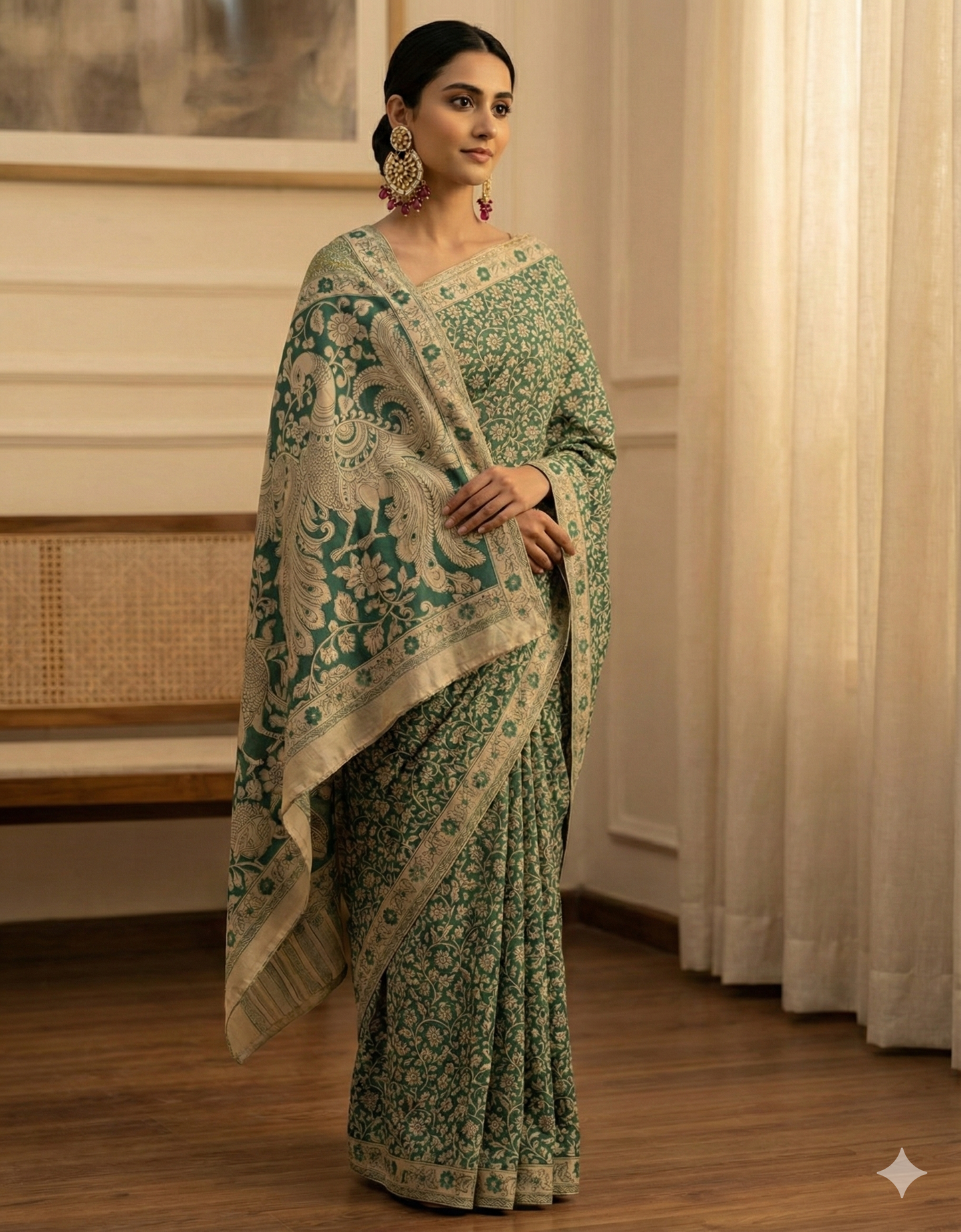 Moss Green Floral Mulmul Cotton Saree