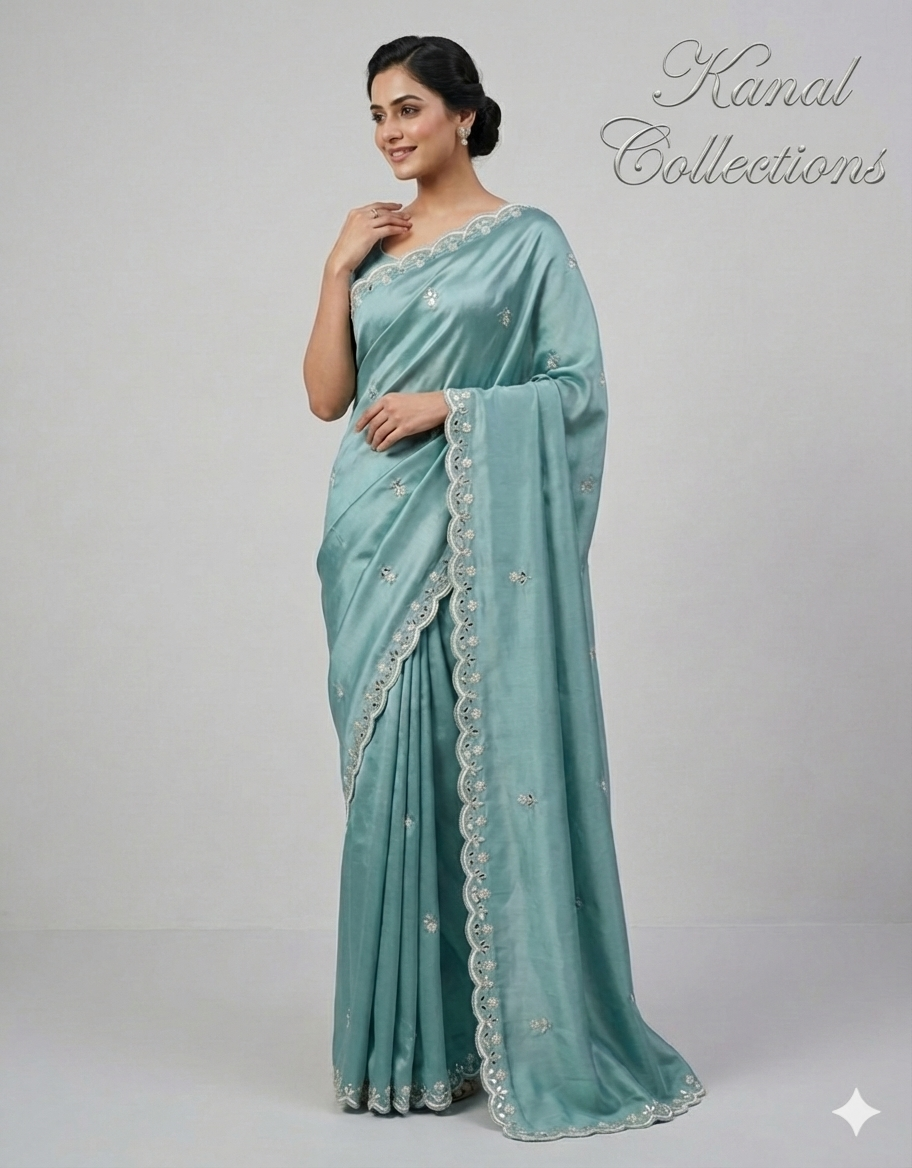 Hand-Embroidered Teal Saree with Mirror Work - Complete Ready-to-Wear Set