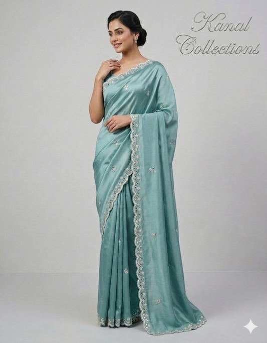Hand-Embroidered Teal Saree with Mirror Work - Complete Ready-to-Wear Set
