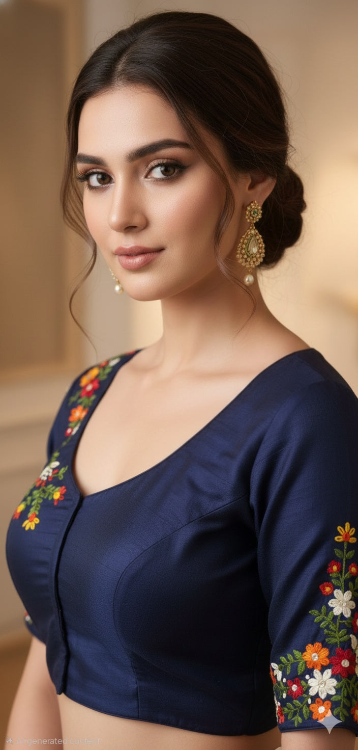 Midnight Blue Floral Embroidered Festive Blouse (Size 40+ Margin)