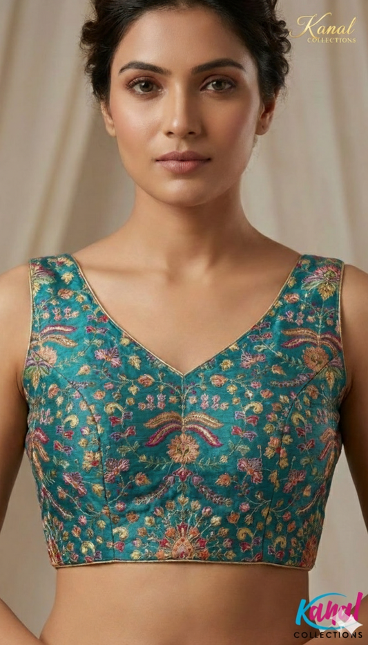 Peacock Blue Intricate Floral Embroidered Blouse