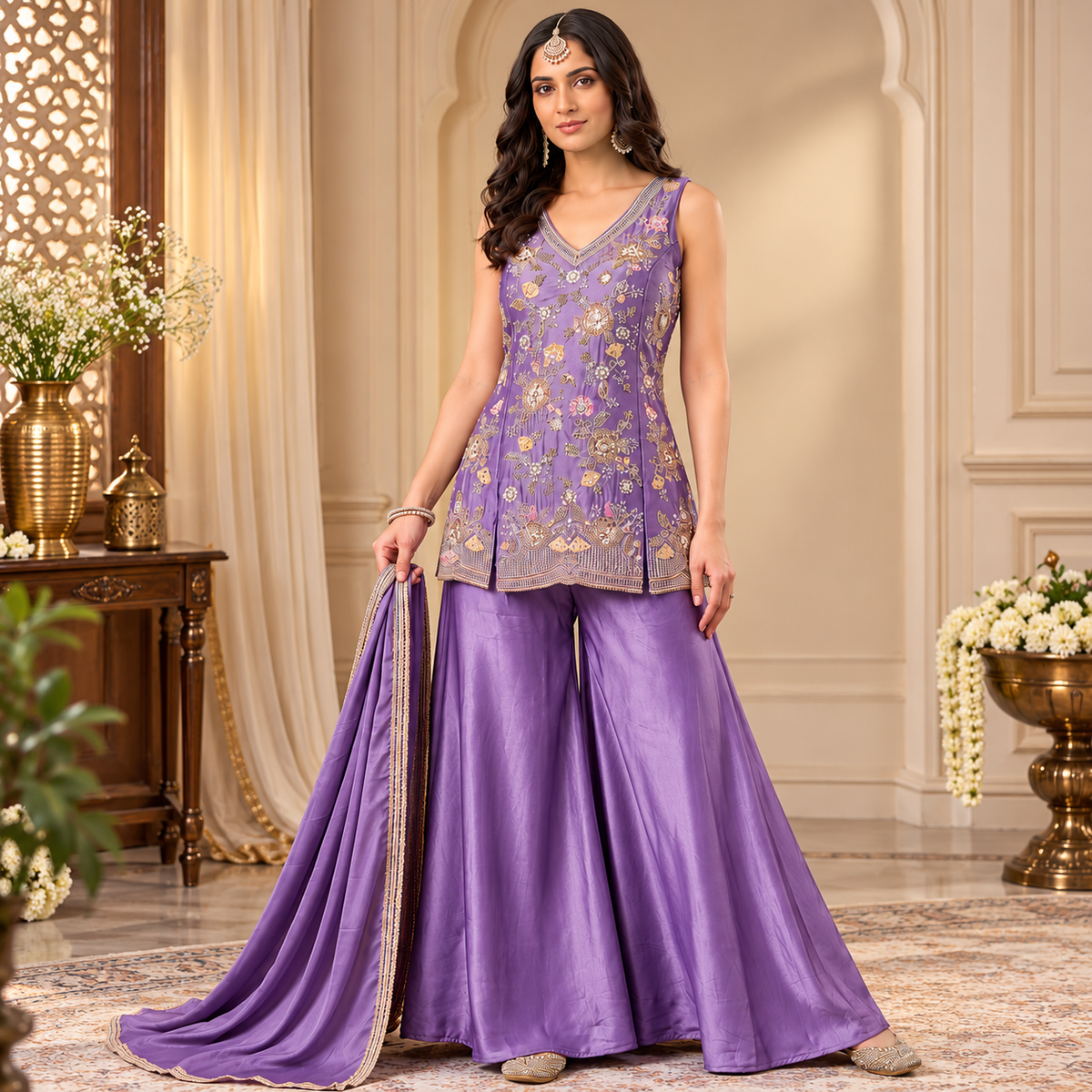 A woman models a traditional Indian outfit consisting of a lavender purple sleeveless kurta with gold floral embroidery and matching wide-leg palazzo pants, with a coordinating purple dupatta draped over one side, set against an elegant beige interior background.