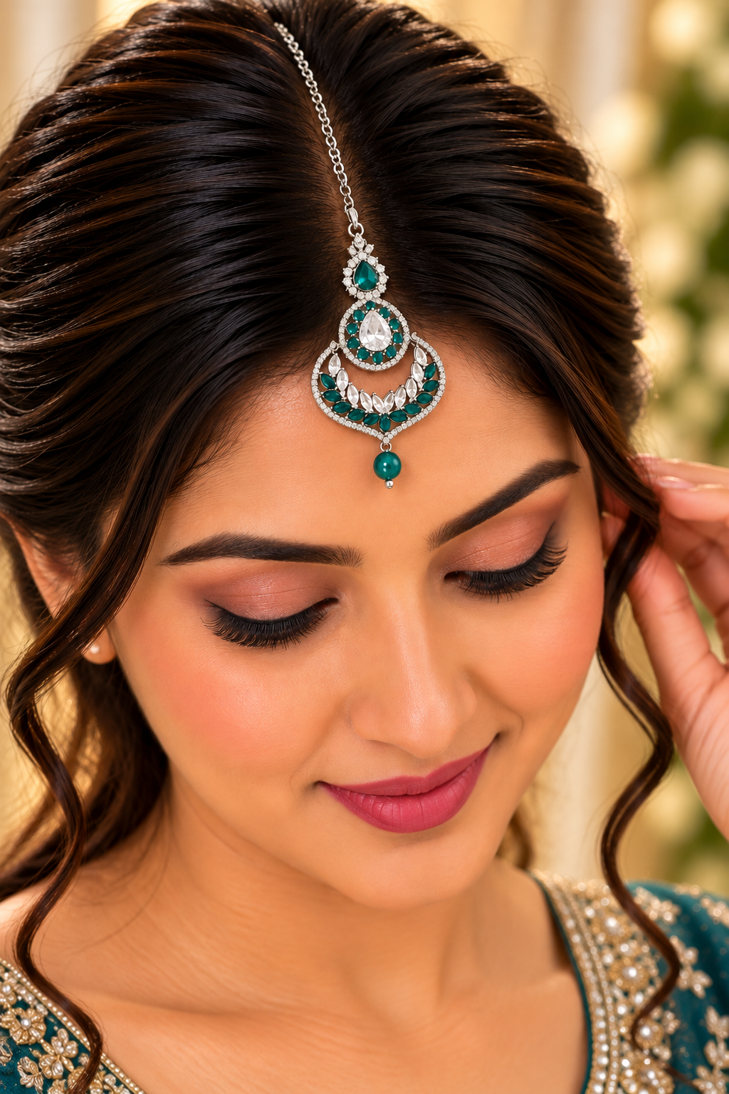 Teal Green and Silver Maang Tikka – Indian Bridal Jewellery