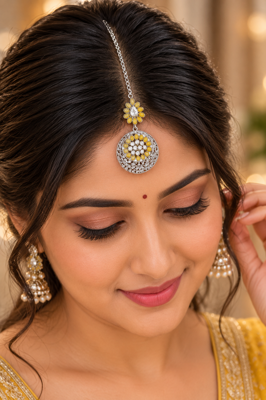 Silver and Yellow Stone Maang Tikka – Traditional Indian Jewellery