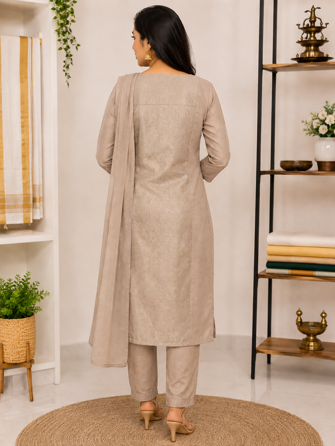  Back view of the elegant champagne beige straight-cut Onam kurta showcasing the textured premium tissue panel and matching tailored trousers.