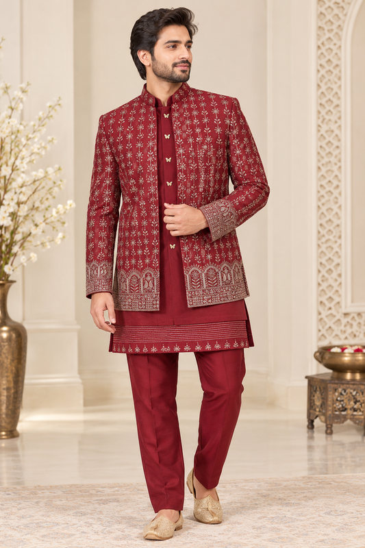 Men's Maroon Embroidered Kurta Set with Designer Jacket