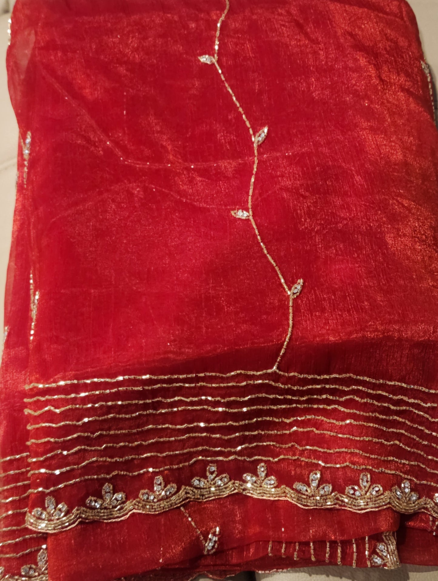 Deep Ruby Jimmy Choo Fabric Saree with Gold & Silver Beadwork
