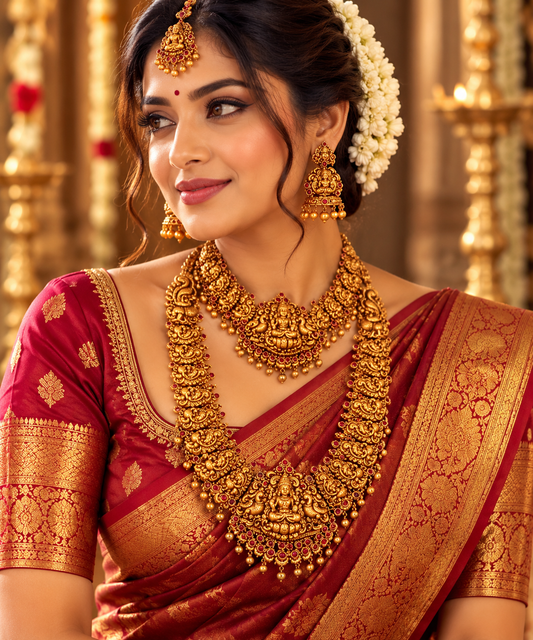 Traditional Gold-Tone Temple Bridal Jewellery Set with Lakshmi Design – Kanal Collections