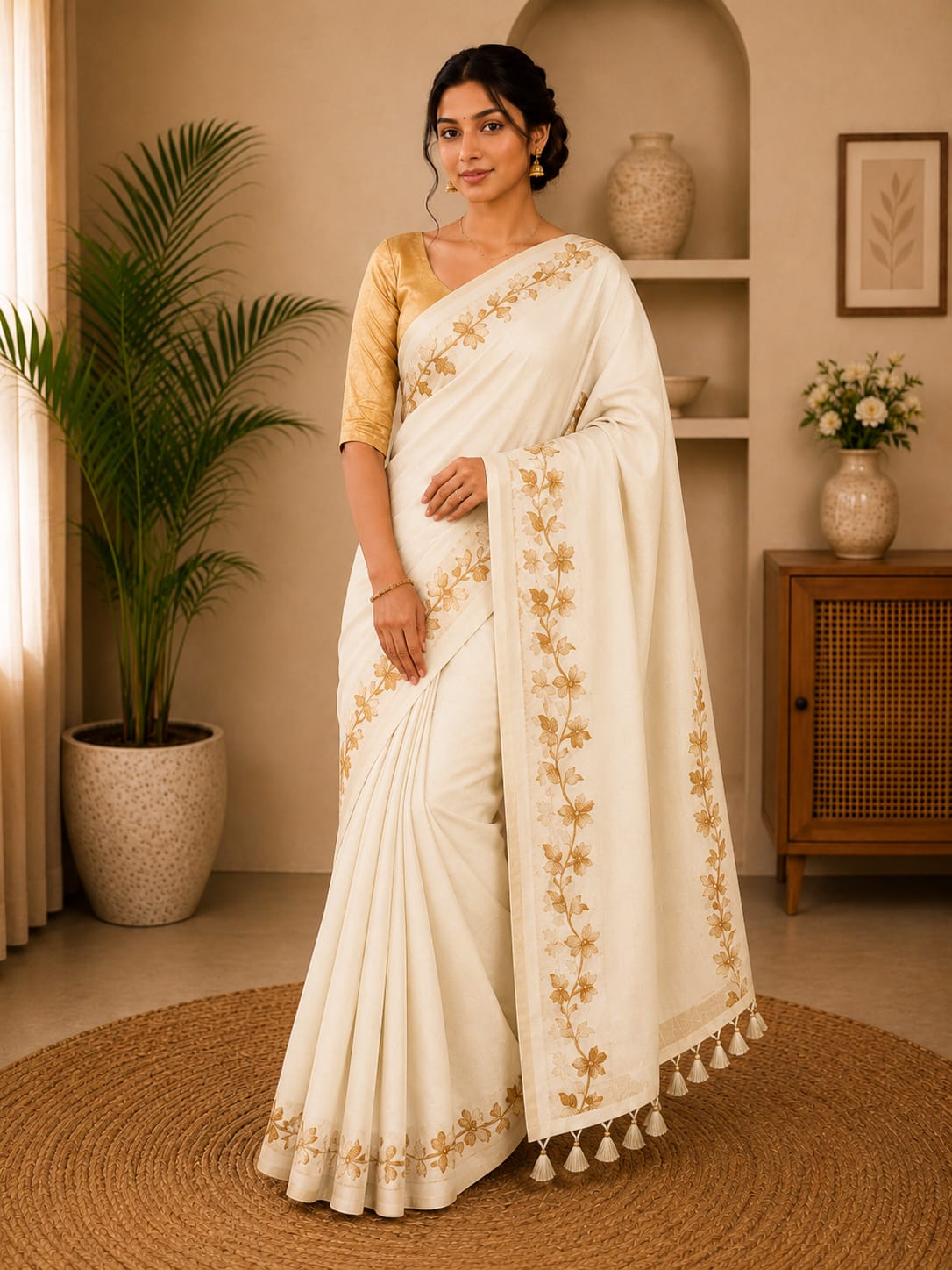 Off-White Mul Cotton Saree with Golden Floral Vine Border