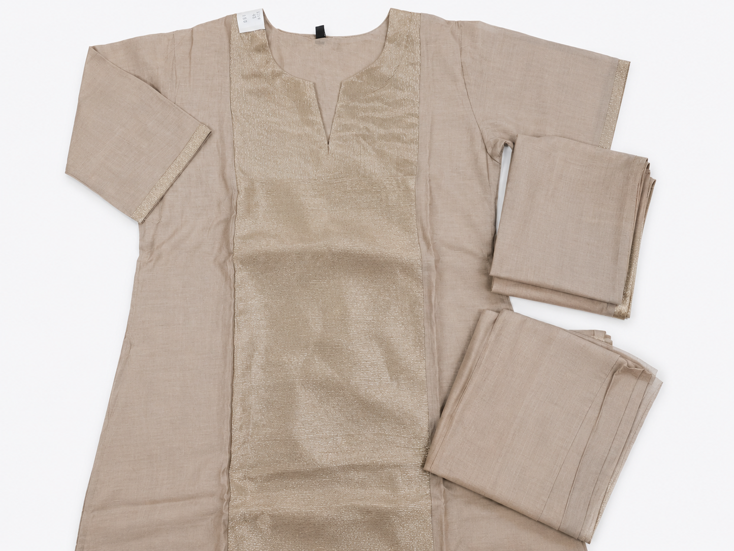 Elegant 3-Piece Champagne Kurta Set with Premium Tissue Panel | Onam Festive Wear