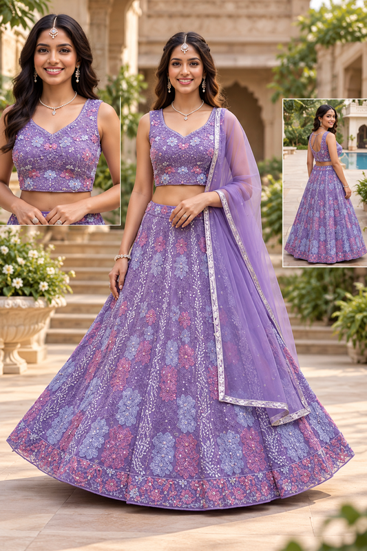 Lavender Embroidered Lehenga Choli Set with Dupatta | Floral Sequin & Beaded Work