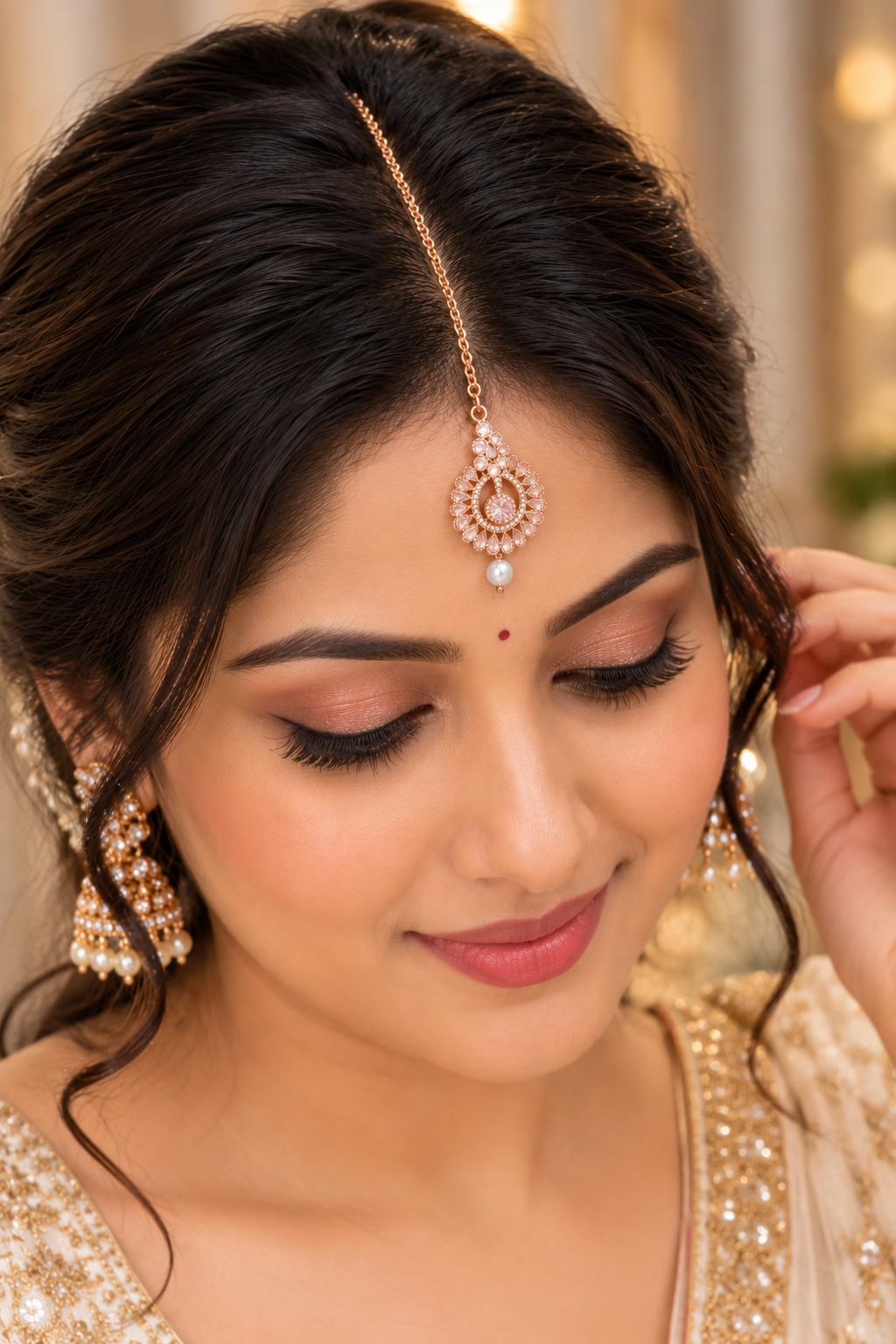 Rose Gold Crystal Maang Tikka with Pearl Drop