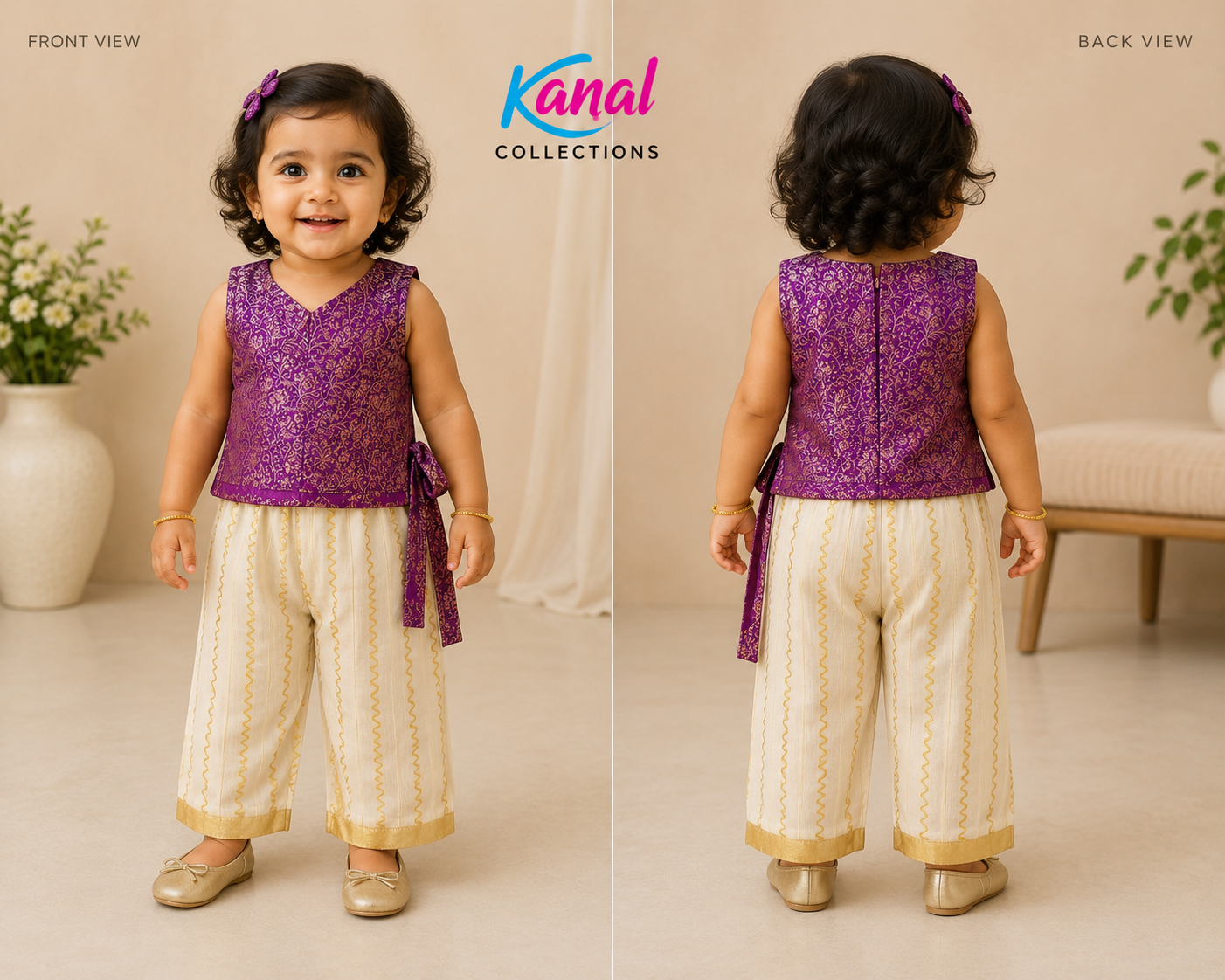 A toddler modeling a traditional outfit in a split front and back view. The outfit features a sleeveless purple embroidered vest with a side tie and cream-colored wide-leg pants with gold patterns and gold shoes.