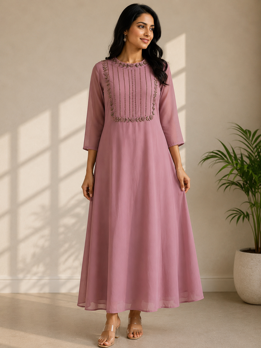 Charming Mauve Georgette Kurti with Elegant Bugle Bead Hand Work
