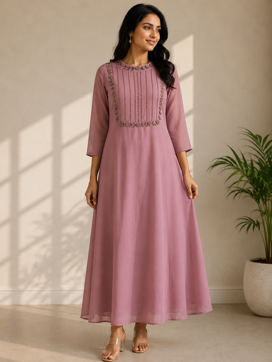 Charming Mauve Georgette Kurti with Elegant Bugle Bead Hand Work