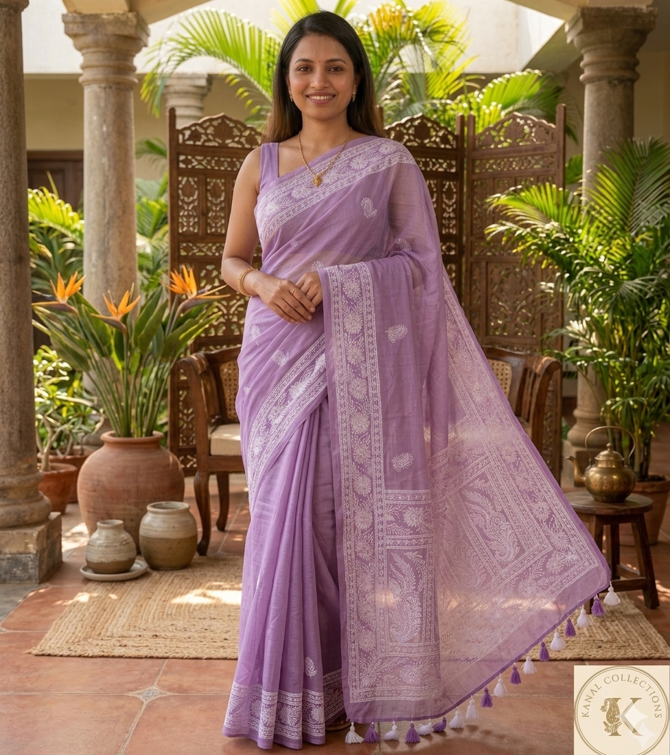 Lilac Mul Cotton Saree with White Paisley Embroidery
