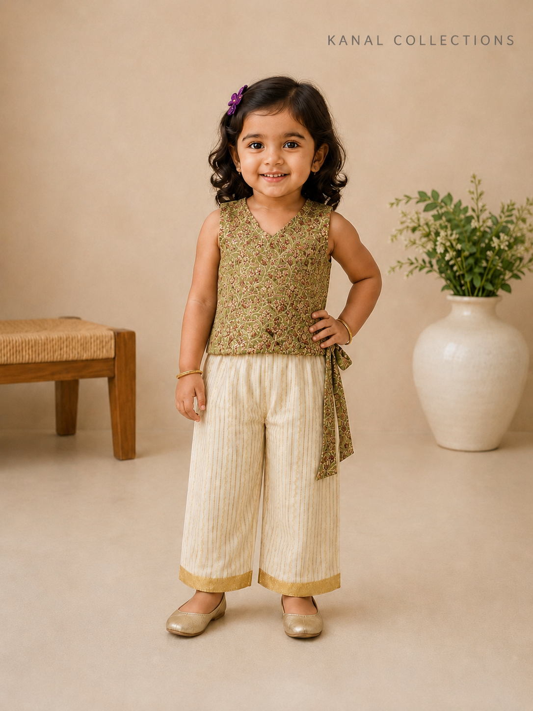 A toddler girl modeling a sleeveless olive green embroidered top paired with cream wide-leg pants featuring gold trim, standing in a warm beige studio setting with a bench and a vase of flowers in the background. The brand name 'KANAL COLLECTIONS' is printed in the top right corner.