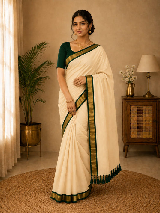 Off-White Mul Cotton Saree with Bottle Green Border