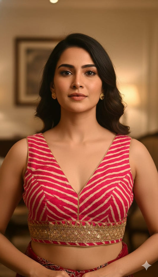 Pink Leheriya Deep V-Back Blouse