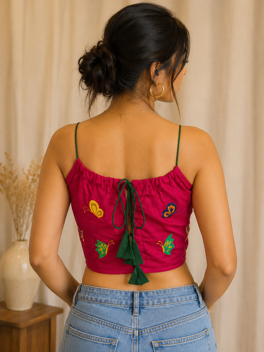 Butterfly Embroidered Cotton Strappy Blouse – Vibrant Pink