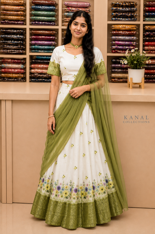Model wearing an ivory floral lehenga/ dhavani / half saree set with a dupatta, perfect for Onam celebrations in Australia. Available at Kanal Collections, Brisbane.