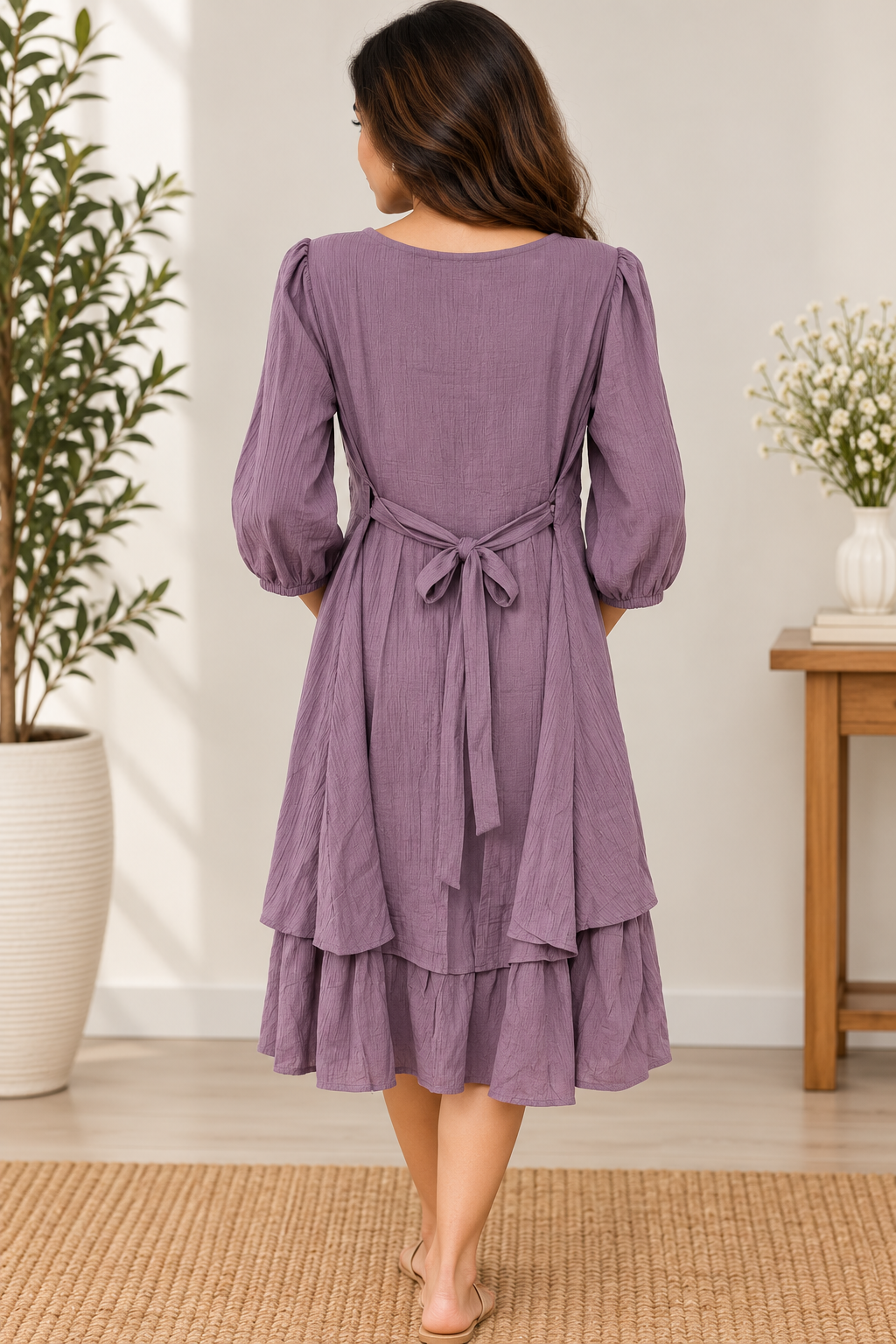 Mauve Embroidered Tiered Midi Dress