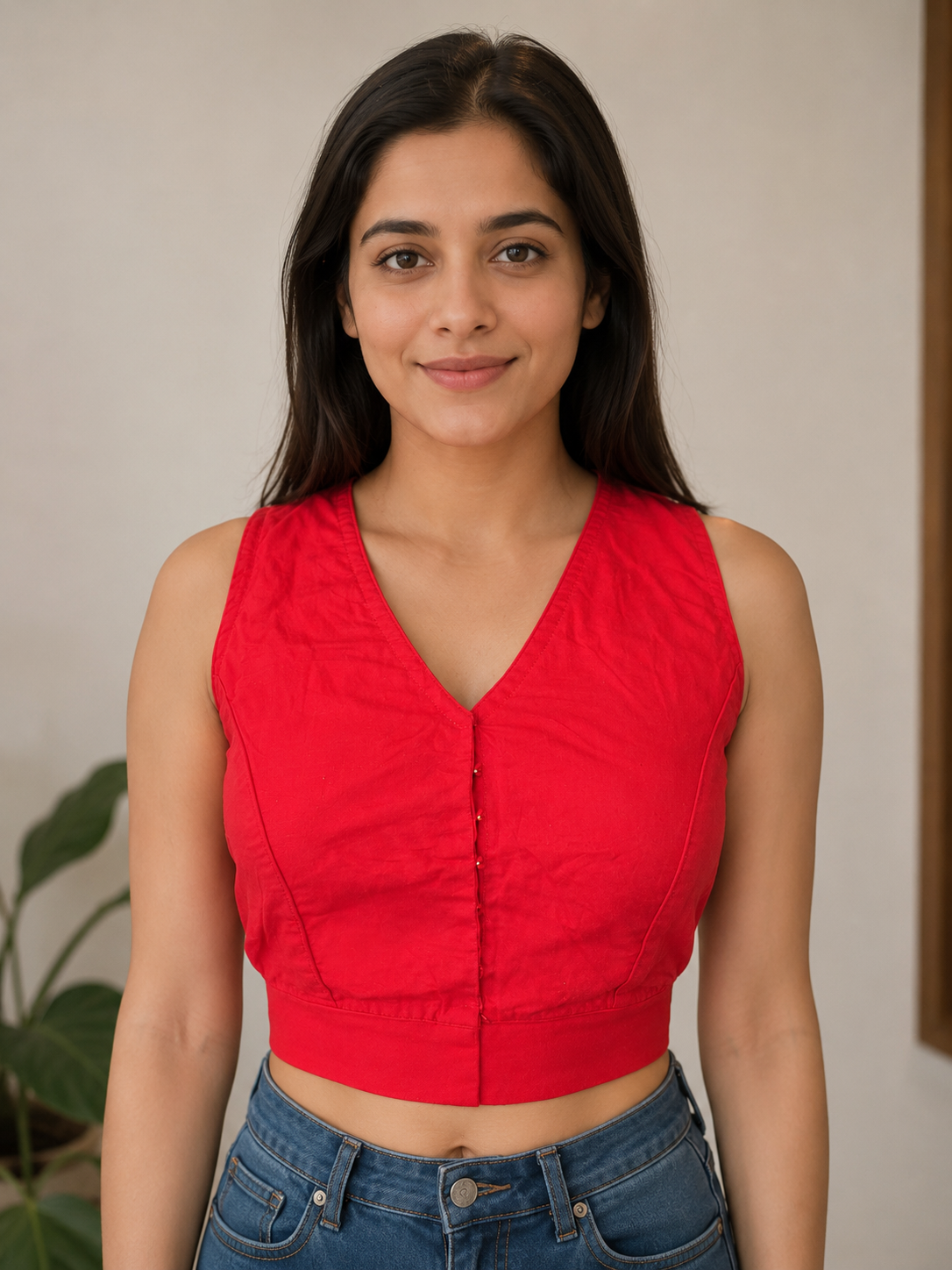 Vibrant Red Cotton Blouse with Intricate Embroidered Back