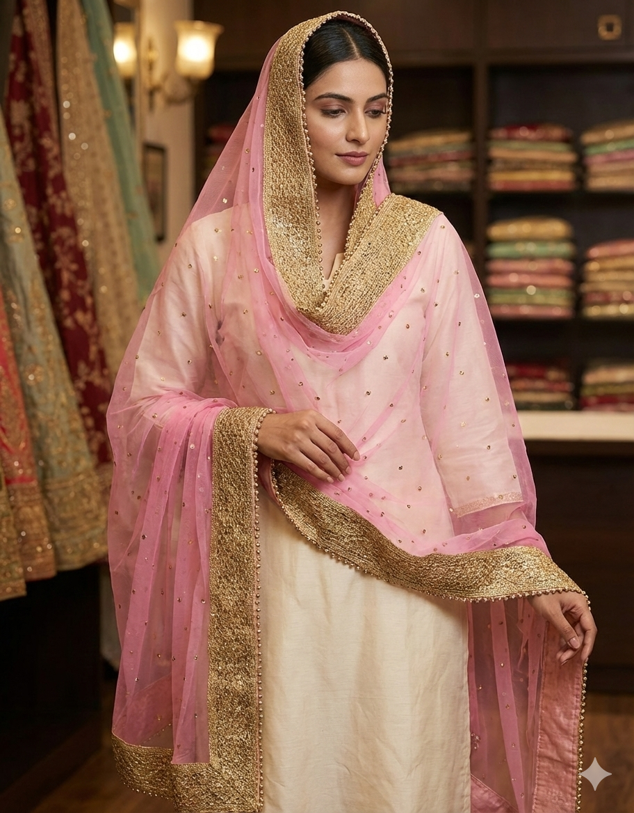 ✨ Net Dupatta with Beadwork & Lace Border – Kanal Collections ✨