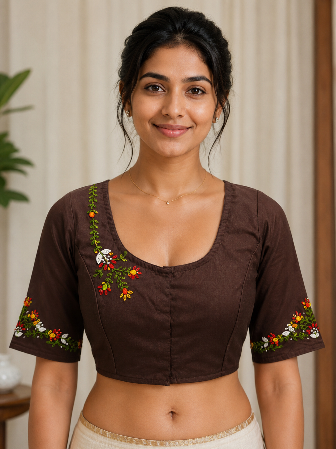 Espresso Brown Embroidered Cotton Blouse