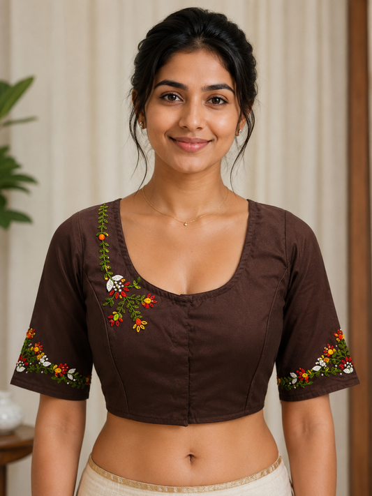 Espresso Brown Embroidered Cotton Blouse