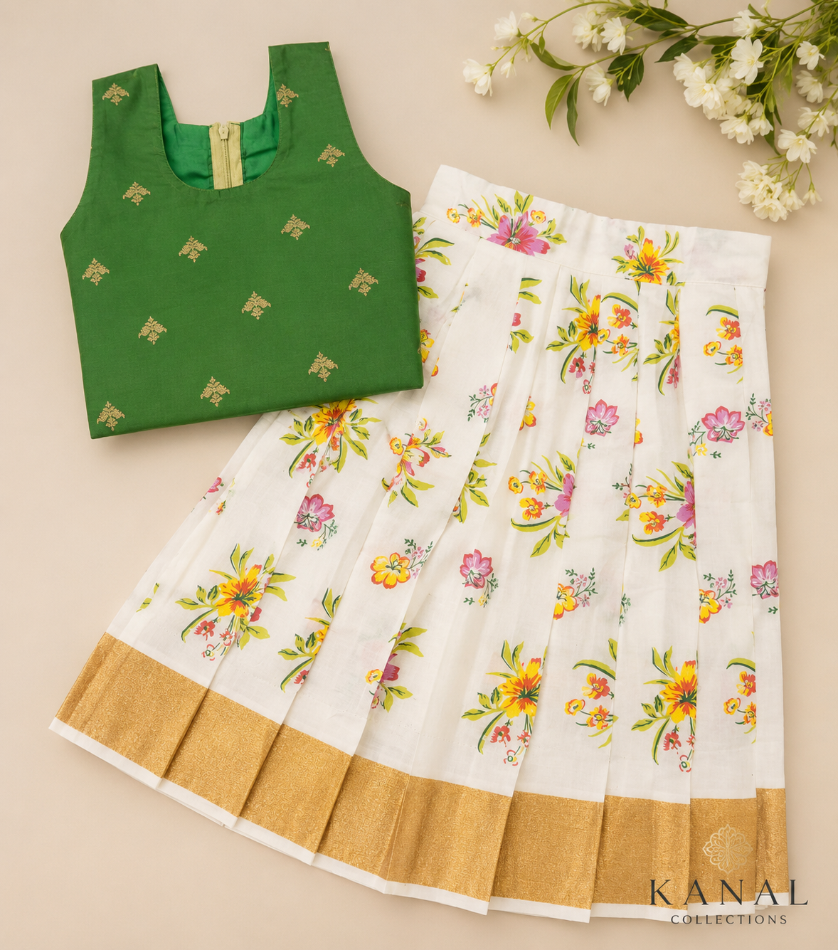 Kids Green and Cream Floral Pattu Pavadai | Girls Traditional Onam Lehenga Choli