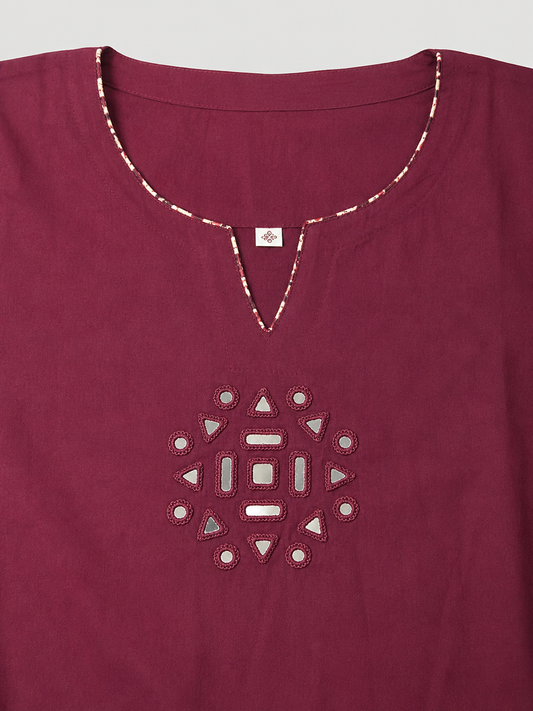 Wine Cotton Kurta Pant Set with Mirror Work | Kanal Collections