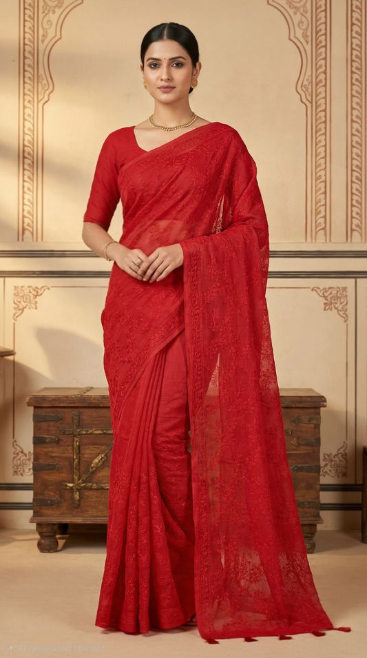 Crimson Red Kota Doria Embroidered Saree with Plain Stitched Blouse (Stitched in size 40, adjustable 38-46)