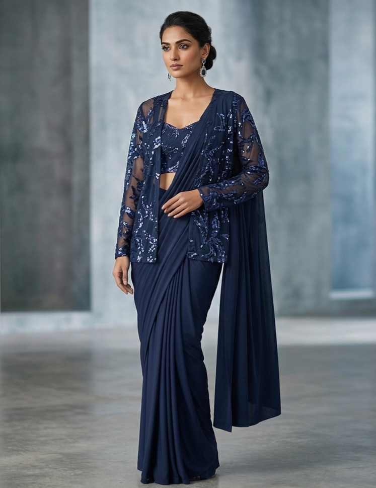 Elegant Navy Blue Sequin "one minute "Ready-to-Wear Saree Set