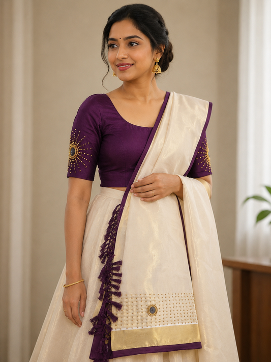 Kerala Dhavani Set with Fully Stitched Skirt & Front Hook Blouse – Cream & Purple | Kanal Collections Australia