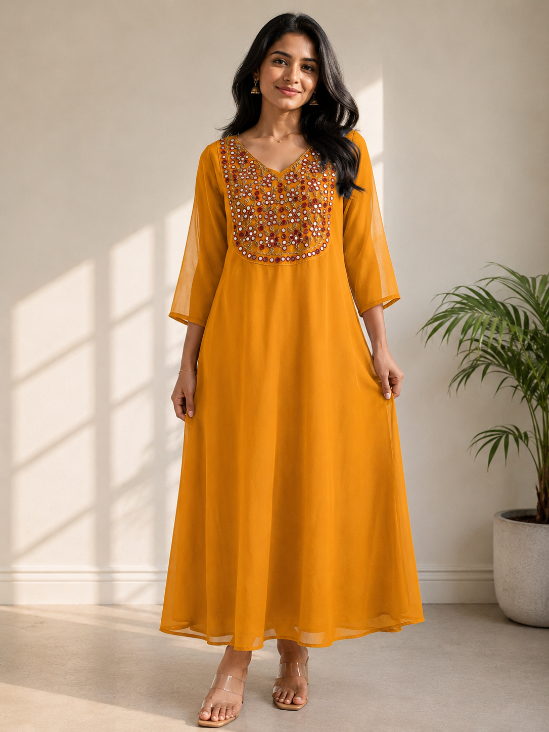 Vibrant Mustard Georgette Kurti with Intricate Mirror & Bead Work